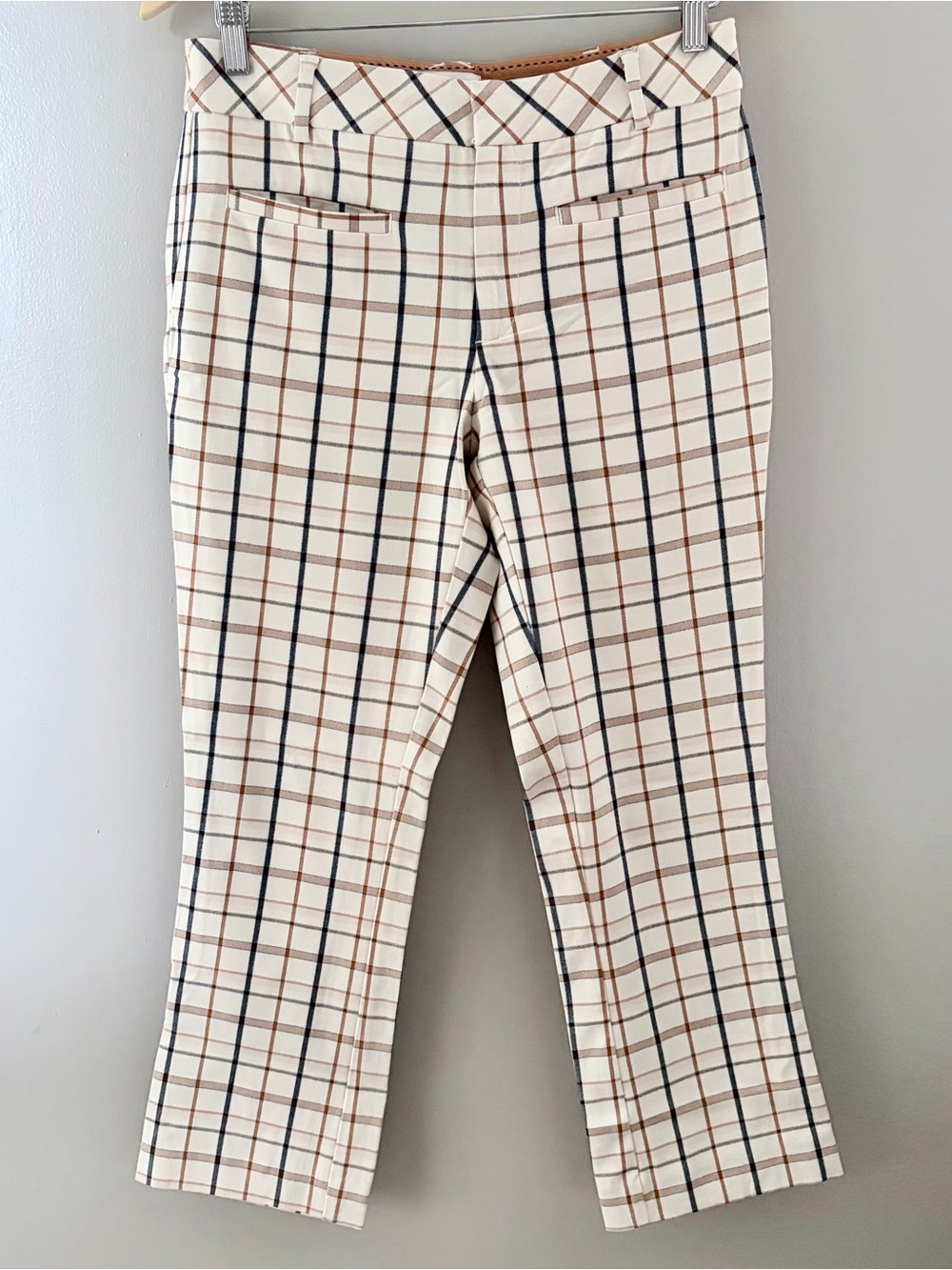 Anthropologie Plaid Cropped Flare Pants Size 6 Off White Tan Navy Trousers